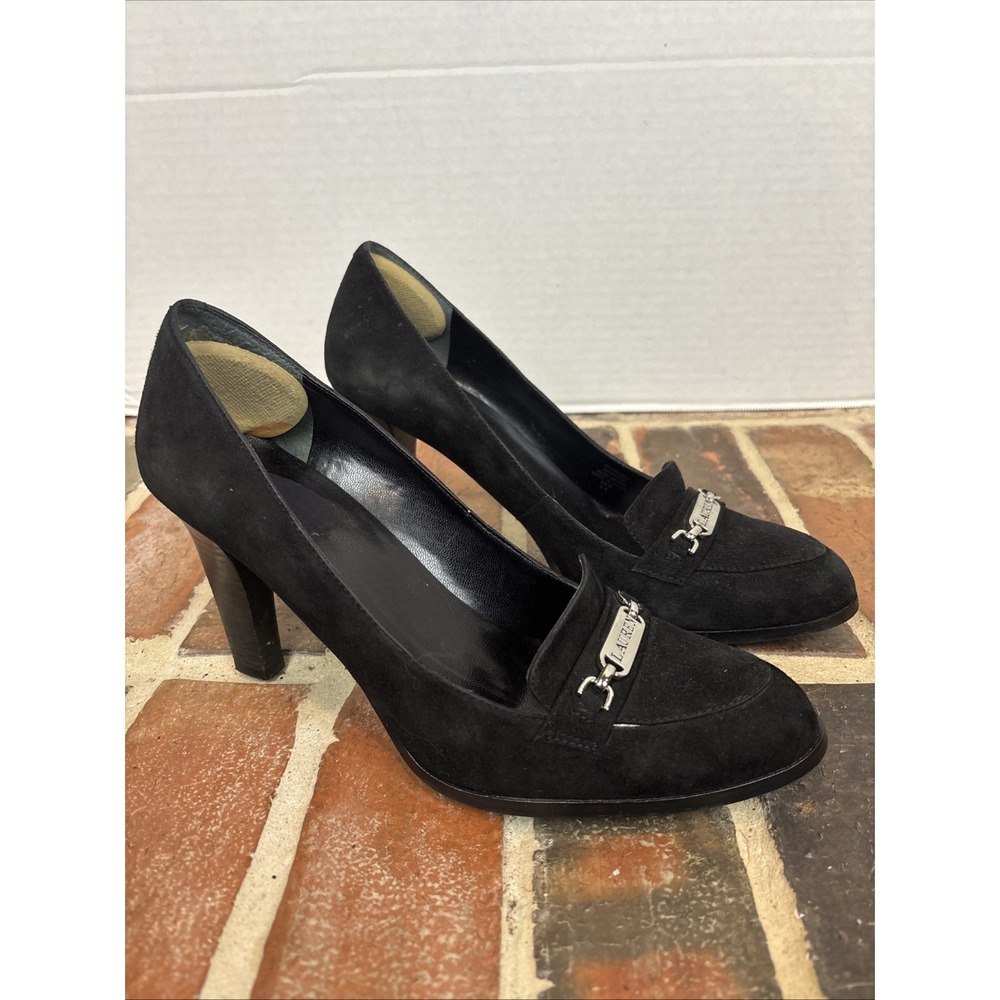 Women's RALPH LAUREN Black Leather Suede Heel Pumps 9.5 M - Metal Accent Plate